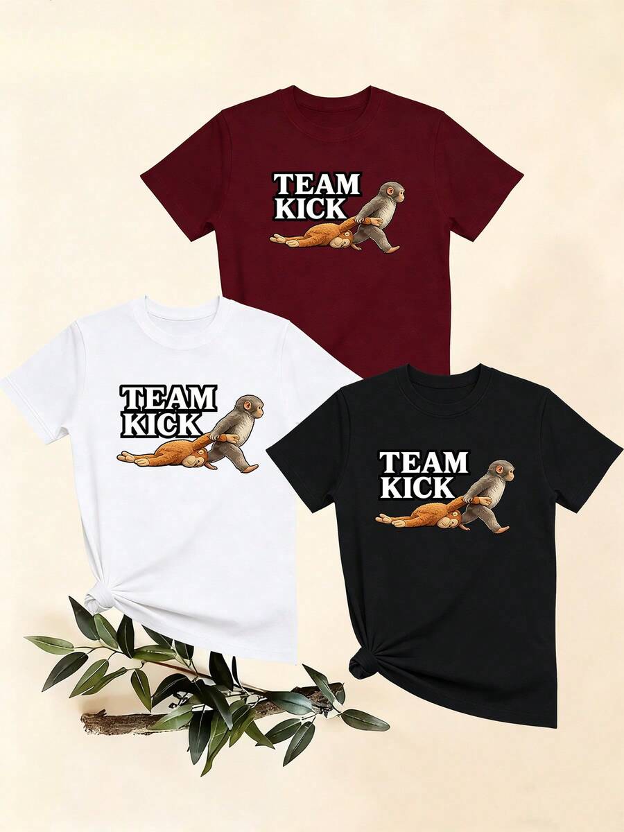 Women's T-Shirts, Women's T-Shirts, Casual One-Piece TEAM KICK Monkey Print T-Shirt, Comfortable And Breathable Round Neck Top, And Versatile Short Sleeve Set. - 1件黑色隨機圖案 - 查看 1