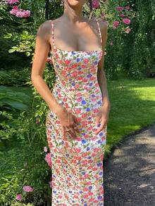Y2K Floral Print Long Dress With Thin Straps, Bodycon Summer Dress With Deep V-Neck, Sexy Backless Summer Dresses, Streetwear - 軍綠色 - 查看 1
