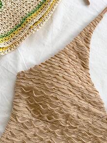 a Conjunto de 2 piezas de top de punto texturizado con escote en V y tirantes finos de color amarillo claro, y shorts, estilo romántico y campestre, bohemio, floral romántico, para vacaciones - Caqui - Ver 4