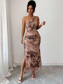 Vestido maxi sin mangas con abertura alta y estampado floral elegante de malla para mujer - Albaricoque - Ver 7