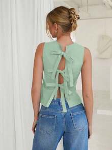 1 pieza Blusa elegante sin mangas de unicolor con espalda descubierta y lazo - Verde - Ver 6