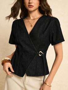 Blusa de mezclilla de uso diario versátil y casual con decoración metálica en escote en V para mujer - Negro - Ver 3