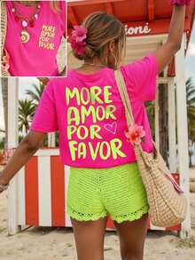 Camiseta de mujer, camiseta de manga corta con gráfico de estilo casual de calle, top de verano lindo - Rosa Fucsia 3 - Ver 5