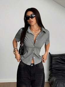Camisa a cuadros casual de verano para mujer - Blanco y Negro - Ver 7