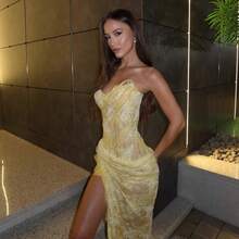 Strapless Corset Lace Evening Gown, Sheer Mesh Mermaid Dress With High Slit, Sequin Embellished And Ruched Detail, Formal Prom And Cocktail Party Dress, Elegant And Bodycon Silhouette, Perfect For Weddings, Gala, And Special Occasions, Luxurious And Stretchy Fabric - vàng nhạt - Xem 3