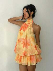 Vestido mini elegante de mujer con estampado de lunares y escote halter sin espalda - Amarillo - Ver 6