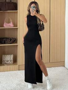 Vestido suelto y elegante de mujer con abertura, de color marrón, estilo de verano informal - Negro 3 - Ver 8