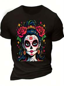 Camiseta de Mujer Gótica Calavera Azucarada - Diseño de Arte Popular Mexicano Día de los Muertos con Estampado de Calavera y Flores, Multicolor Vibrante (Rosa, Azul, Amarillo, Verde, Naranja, Rojo, Dorado) - Cómoda, Ajuste Holgado, Manga Corta Casual, Lavable a Máquina, Confort para Todas las - Negro - Ver 6