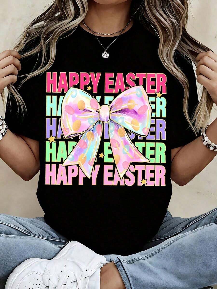 Soft 100% Cotton Women's T-Shirt, Round Neck, Easter Bow Print, Short Sleeve, For Spring Festival Celebration, Casual Wear, Breathable Cotton T-Shirt, Goes With Everything, Great. - 黑色 - 查看 1