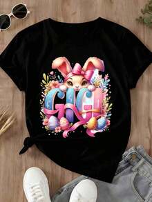 1 Piece Women's T-Shirt With Gigi Easter Bunny Print, For Spring, Easter Egg Hunt, Cute Rabbit Design, Fashion Casual Clothing, 180g, 100% Cotton - 黑色 - 查看 4