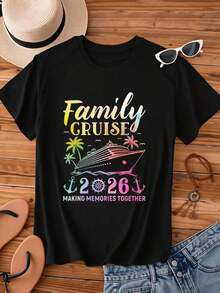 1 Piece Women's Round Neck T-Shirt With "Family Cruise 2026 Making Memories Together" Print, Short Sleeve, For Summer Vacation, Travel, Beach And Parties, 180g, 100% Cotton. - 白色 - 查看 8