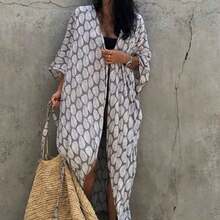 Beach Cover-Up With Leaf Print, Rayon, Vacation Sun Protection Cardigan, Bikini Cover-Up - 1D138-a Black With White - View 4