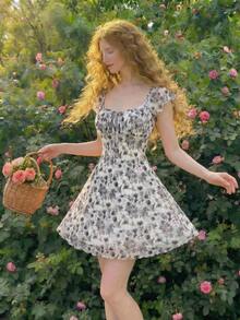 Vestido mini floral de verano para mujer - Blanco y Negro - Ver 1