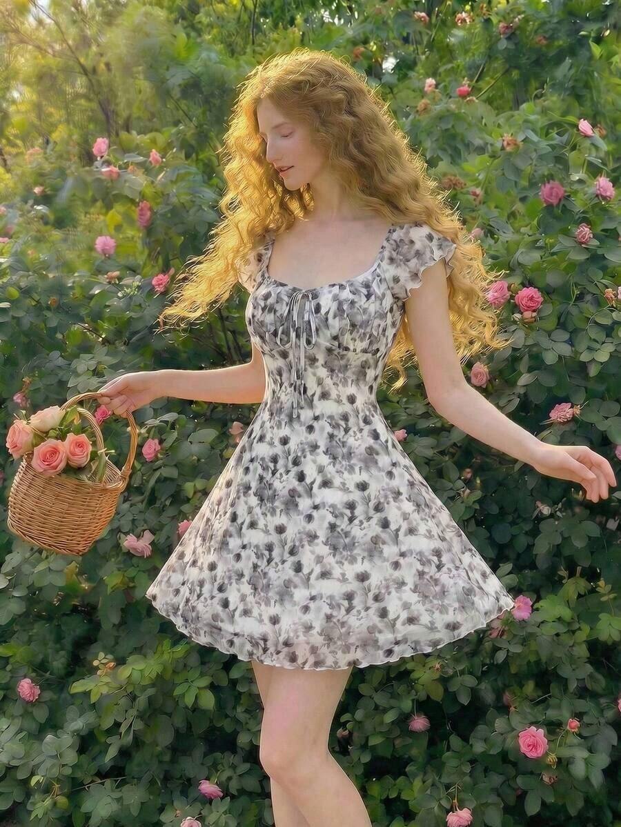 Vestido mini floral de verano para mujer - Blanco y Negro - Ver 1