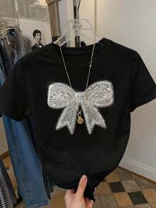 1 pieza Camiseta de cuello redondo de manga corta con adorno de rhinestones minimalista y de moda para mujer, un gran regalo para amigos - Negro 2 - Ver 3