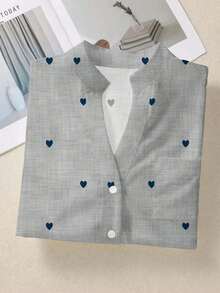 Camisa de mujer de manga larga con botones y bolsillos, con estampado romántico de corazones, adecuada para otoño, invierno y primavera - Gris - Ver 5