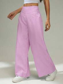 Pantalones rectos de talle alto de rayas azules y blancas, elegantes, casuales, sencillos, para ir a la oficina, diarios y de vacaciones - Rosa - Ver 5