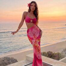 Women's Vacation Sexy Metallic Starfish Floral Print Fishtail Hem Bodycon Dress Summer Summer Outfits Summer Clothes Beach Outfits For Woman  Beach Vacation Vacation Outfits Woman Boho  Tropical Vacation Woman Clothe Tropical Vacation Woman Clothe Floral Dress  Floral Dresses For Women Floral Dress For Women Sexy Floral Print Dress With Cutout Waist - Azul - Ver 11