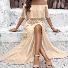 Holidaya Women's Off Shoulder Swiss Polka Dot High Slit Dress Maxi Vacation Beach Outfit - Albaricoque - Ver 5