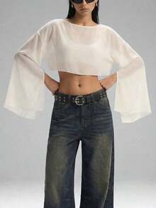 Blusa corta suelta de mangas de murciélago y cuello redondo de unicolor para mujer, de manga tres cuartos, para primavera/verano - Albaricoque - Ver 6
