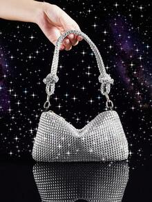 Sparkling Crystal Decorated Small Square Handbag, Elegant Lady Tote Bag For Evening Party, Daily Date, Suitable For Occasions - Silver - View 3