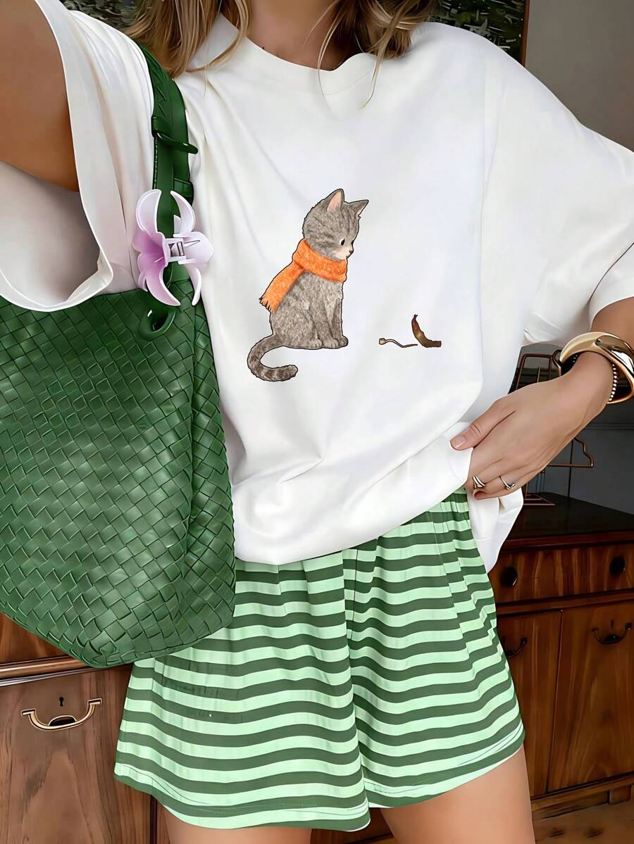 Kawaii Cat Lover Graphic T-Shirt, 100% Cotton Oversized Soft Breathable Casual Crewneck Short Sleeve Top, Summer Vibes Streetwear Style For Women & Cat Enthusiasts