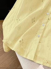 Camisa casual de mujer de manga larga con bordado calado y abotonadura sencilla - Amarillo claro - Ver 6