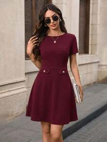 Vestido mini elegante y chic de mujer con unicolor, decoración de botones y encaje en la cintura, para el verano - Rojo - Ver 9