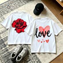 2-Piece Couple Matching Pattern T-Shirt, 100% Cotton, Loose Fit, Soft And Breathable, Casual Round Neck Short Sleeved Top Admit It Cow With Rose I Love You Repeated Text Versatile Patterns No Picky Combinations Coordinated Dating Casual Travel Simple And Cartoonish Printing Styles High - 白色 - 查看 1