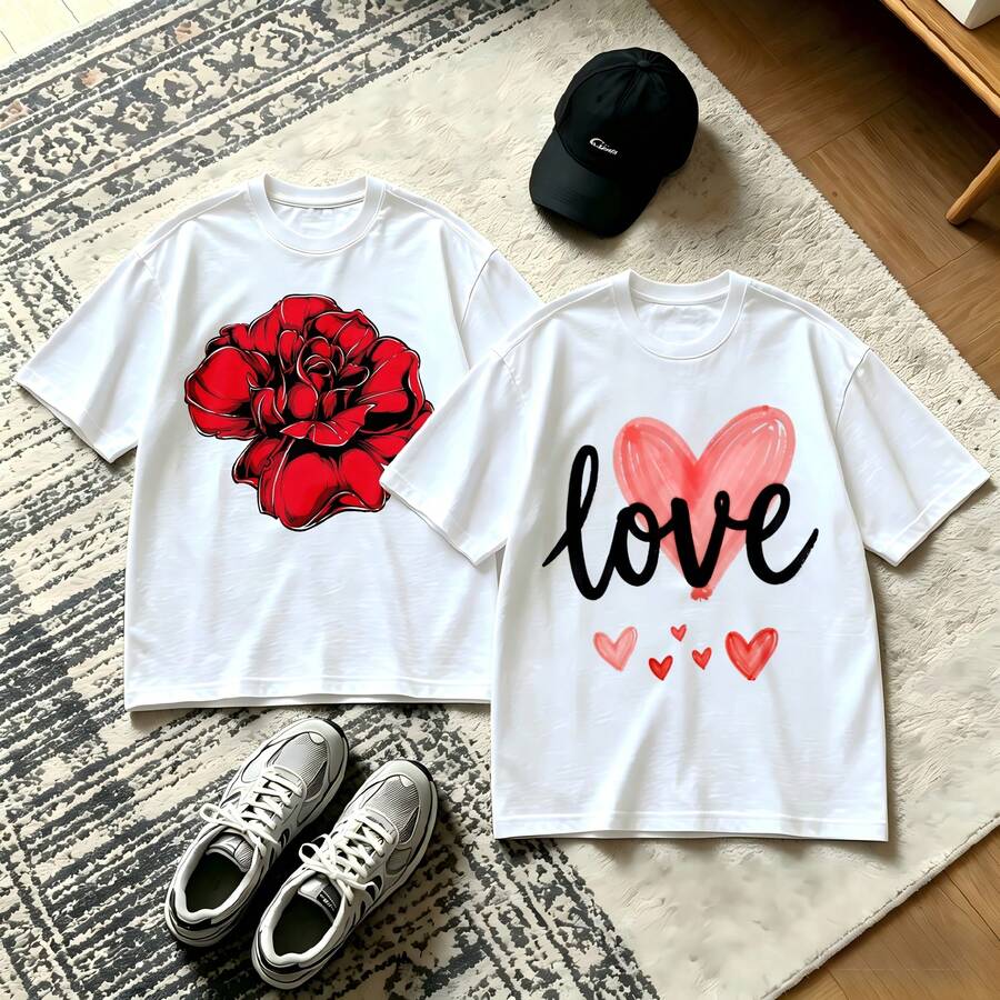 2-Piece Couple Matching Pattern T-Shirt, 100% Cotton, Loose Fit, Soft And Breathable, Casual Round Neck Short Sleeved Top Admit It Cow With Rose I Love You Repeated Text Versatile Patterns No Picky Combinations Coordinated Dating Casual Travel Simple And Cartoonish Printing Styles High - 白色 - 查看 1