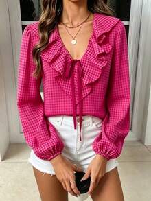 Women's V-Neck Tie-Up Red Plaid Layered Ruffle Collar Blouse - Hot Pink - View 3