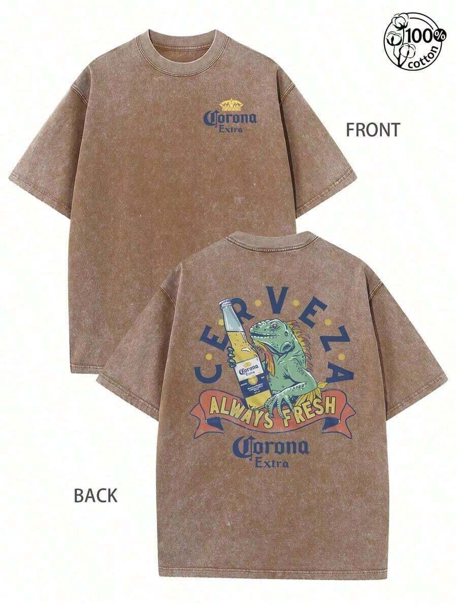 Camiseta gráfica con un lagarto sosteniendo una cerveza; Corona Extra, siempre fresca; Camiseta Retro Lavada con Estampado de Doble Cara (Camiseta de Algodón Puro de 230G); Cuello Redondo, Mangas Cortas, Corte Regular, Ropa Casual con Diseño, Ropa Urbana para Hombre, Ropa de Otoño para Hombre, Camiseta Vintage, Unisex (estilo retro, unisex, de peso pesado) - Café integral - Ver 1