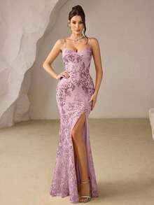 Vestido de noche con abertura alta en el muslo, con lentejuelas y diseño de patchwork, con espalda descubierta y silueta de sirena para mujer - Rosa - Ver 7