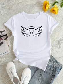 Camiseta casual holgada de verano con un divertido estampado de dibujos animados de alas de ángel - [Blanco] - Ver 6