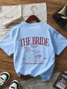 1 pieza de camiseta de verano para mujer con cuello redondo y manga corta, "THE BRIDE, EST."2026" Patrón Impreso Casual - Azul claro - Ver 3