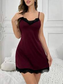Camisón de pijama con tirantes y adorno de encaje para mujeres - Burdeos - Ver 5