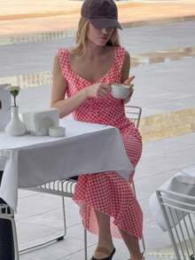 New Women's Long Summer Dress V-Neck Strappy Plaid Holiday Style Elegant Sensual European Fashion - 紅色 - 查看 4
