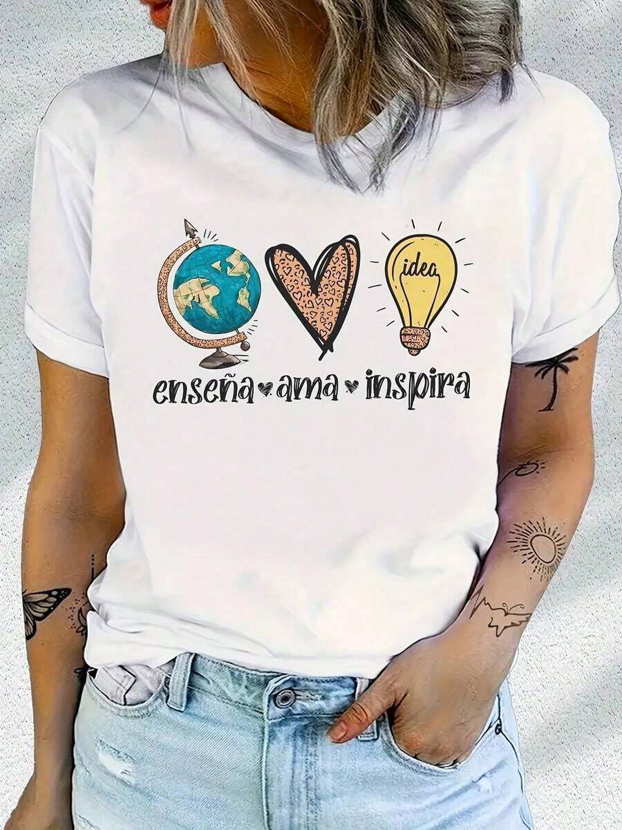Modern Minimalist Graphic Print T-Shirt, Short Sleeve, Casual Top For Summer, Autumn And Spring, Women's Casual Everyday Wear - 白色 - 查看 1
