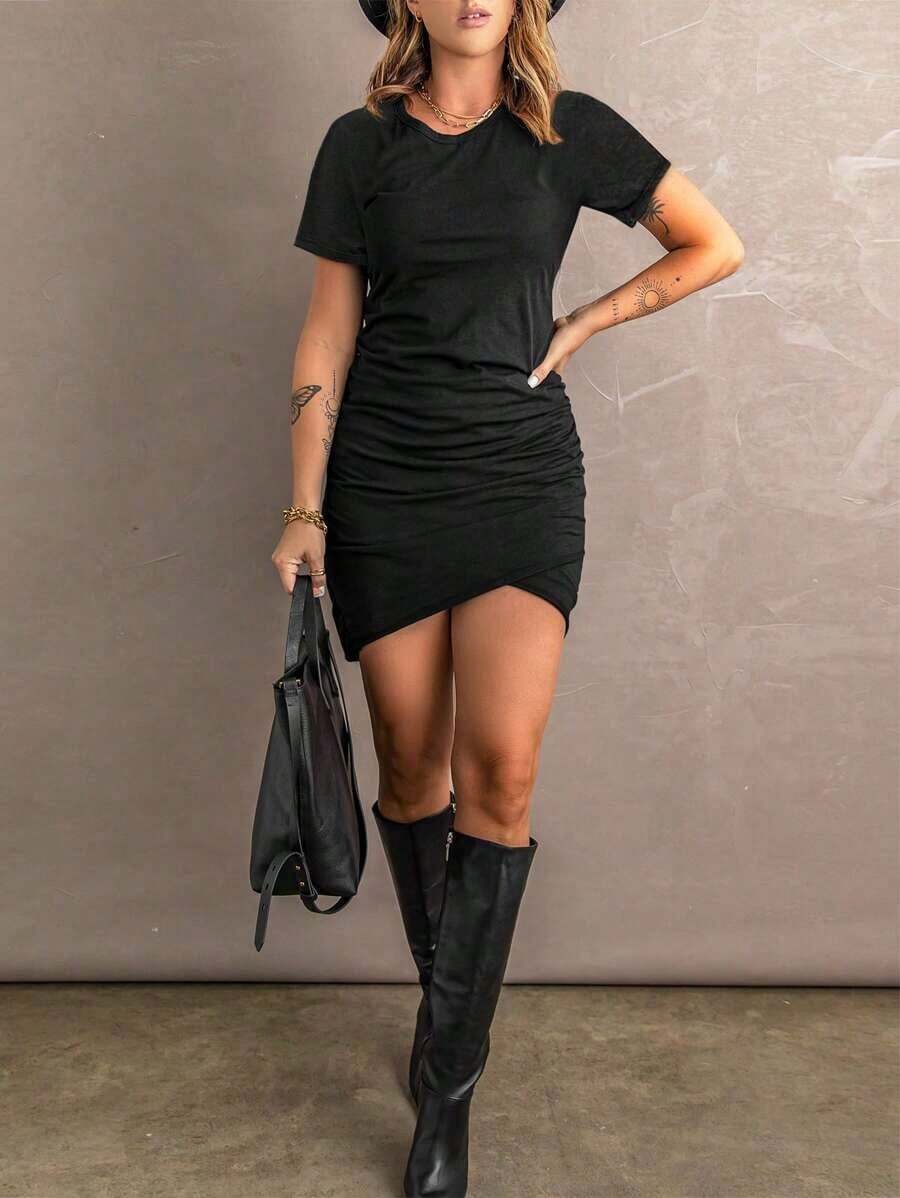 LUNE Vestido casual de mujer de unicolor con cuello redondo, manga corta y plisado - Negro - Ver 1