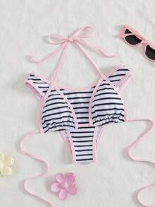 PEPPERMOLLY Bộ bikini tam giác kẻ sọc dành cho nữ, áo hai dây có thể điều chỉnh và quần bikini, thích hợp cho bãi biển, bơi lội và kỳ nghỉ. - Đen và trắng - Xem 2