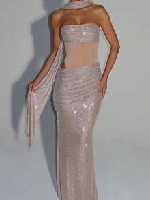 Vestido Sin Mangas con Lentejuelas y Cintas, Estilo Bandeau, Fiesta Elegante Nueva Llegada - Albaricoque - Ver 5