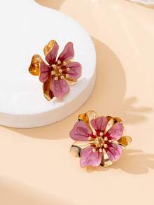 1 Pair Fashionable Handmade Gradient Tie Dye Soft Pink Double-Layer Asymmetrical Floral Earrings, Summer Vacation Style - Pink - View 3