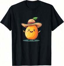 Under The Radar Happy Mango T-Shirt With A Festive Hat For Women, Outdoor Exercise T-Shirt, Graphic Tees, Crop Tops, Sets, Tops, T-Shirt 8LPQ-Vintage Street Style Unisex Loose Cotton Short Sleeve Crew Neck T-Shirt - 黑色 - 查看 2