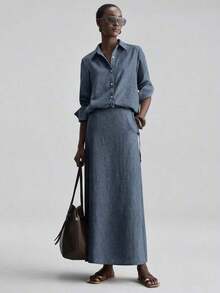 Ontre 2026SS New Summer Women's 2-Piece Set, Woven Fabric, Comfortable Woven Material, Button Design Shirt And Side Tie Waist Skirt, Women's Shirt, Women's Skirt, Independence Day, Urban Chic, Minimalist Fashion Commuter, Wedding Guest Attire, Holiday Outfit, Women's Office Wear, Minimalist Elegant, Teacher's Outfit, Tea Party Casual, Loose Daily Women's Bestseller Solid Color, Back To School Light Vacation Style, Everyday Wear, Fashionable Versatile Women's 2-Piece Set - 藍色 - 查看 4