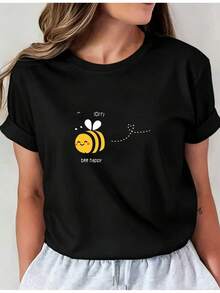 Top corto de manga corta para mujer con estampado de abeja 2D, que transmite un mensaje de alegría y espíritu despreocupado. Mini camiseta casual y única, adecuada para todas las estaciones, disponible en múltiples colores. Top casual de cuello redondo i01, ropa cómoda para mujer, blusas para dama. - Negro - Ver 1