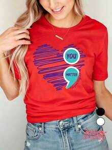 Soft Soft Crew Neck T-Shirt With Graffiti Print "Love YOU MATTER" For Women, 100% Pure Cotton, Sweat Absorbent And Breathable, Suitable For All Seasons, Ideal For Casual Daily Wear And Parties, Blouses For Women. - 紅色 - 查看 1