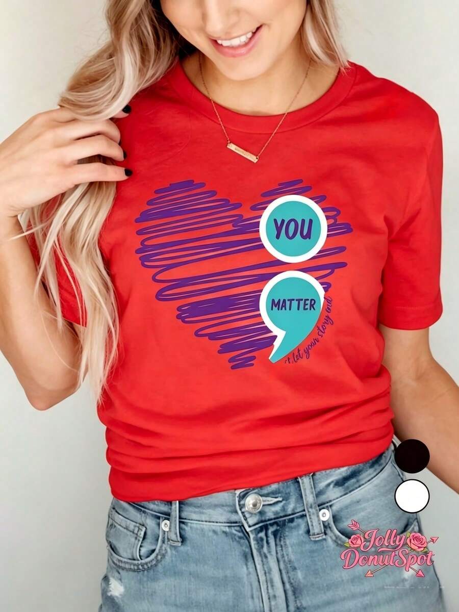 Soft Soft Crew Neck T-Shirt With Graffiti Print "Love YOU MATTER" For Women, 100% Pure Cotton, Sweat Absorbent And Breathable, Suitable For All Seasons, Ideal For Casual Daily Wear And Parties, Blouses For Women. - 紅色 - 查看 1