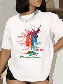 Women's T-Shirt With Brain And Colored Pencil Print To Raise Mental Health Awareness, Short Sleeve, Round Neck, For Everyday Casual Wear, 220g - 白色的 - 查看 5