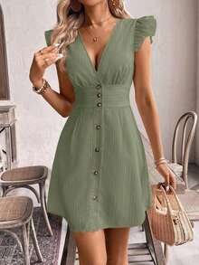 Vestido casual de vacaciones para mujer con mangas de volantes y botones delanteros de unicolor, vestidos de verano para mujer, vestido de té de vacaciones - Verde Oliva - Ver 8