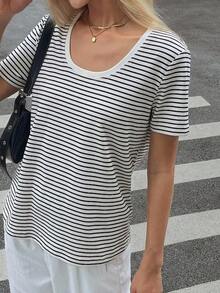Camiseta de mujer de manga corta de verano, casual, de cuello redondo, a rayas, holgada y cómoda - Blanco y Negro - Ver 2